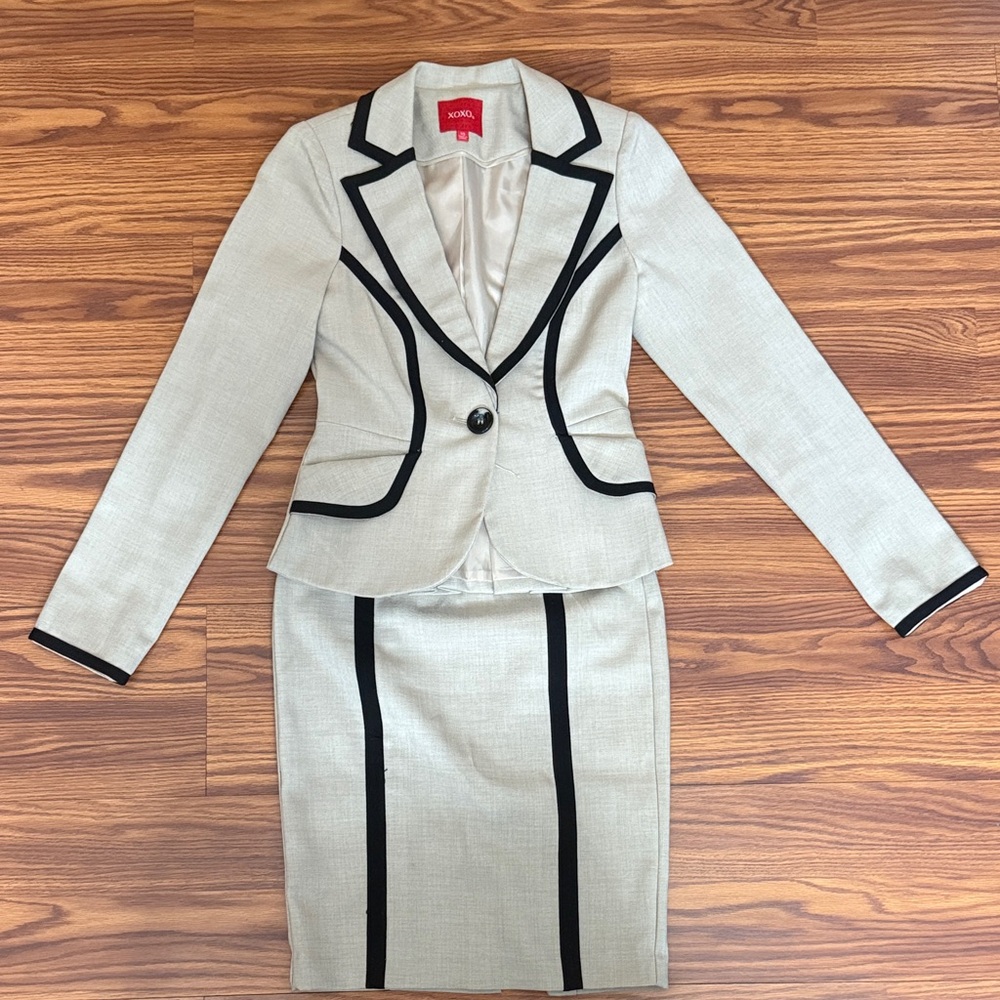 XOXO Chic Beige Blazer and Skirt Set with Black Trim